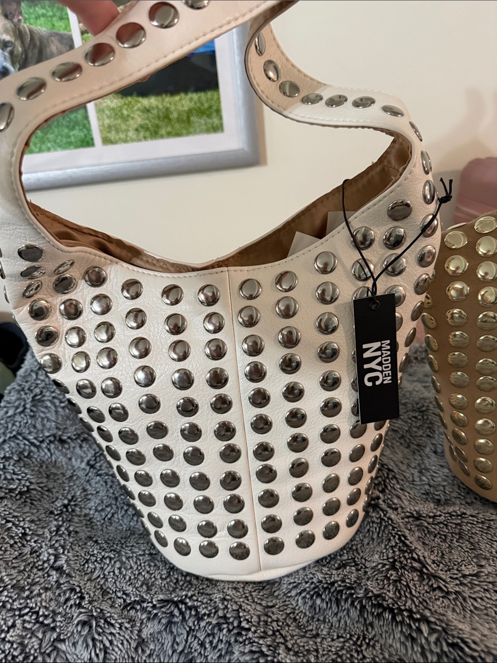 NYC MADDEN WHITE STUDDED SHOULDER BAG